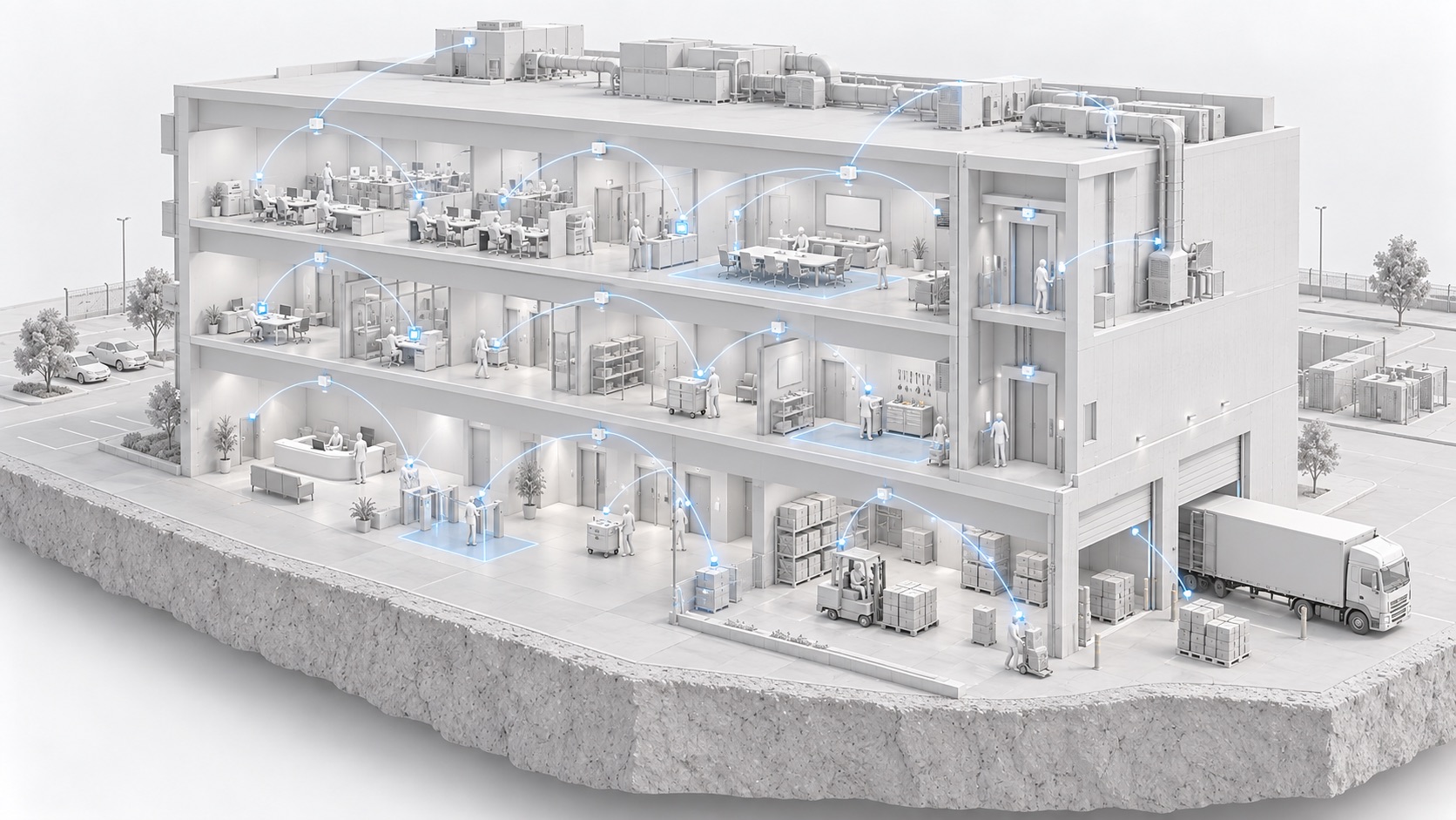 Cutaway view of a multi-floor facility with every room and asset connected to the management platform